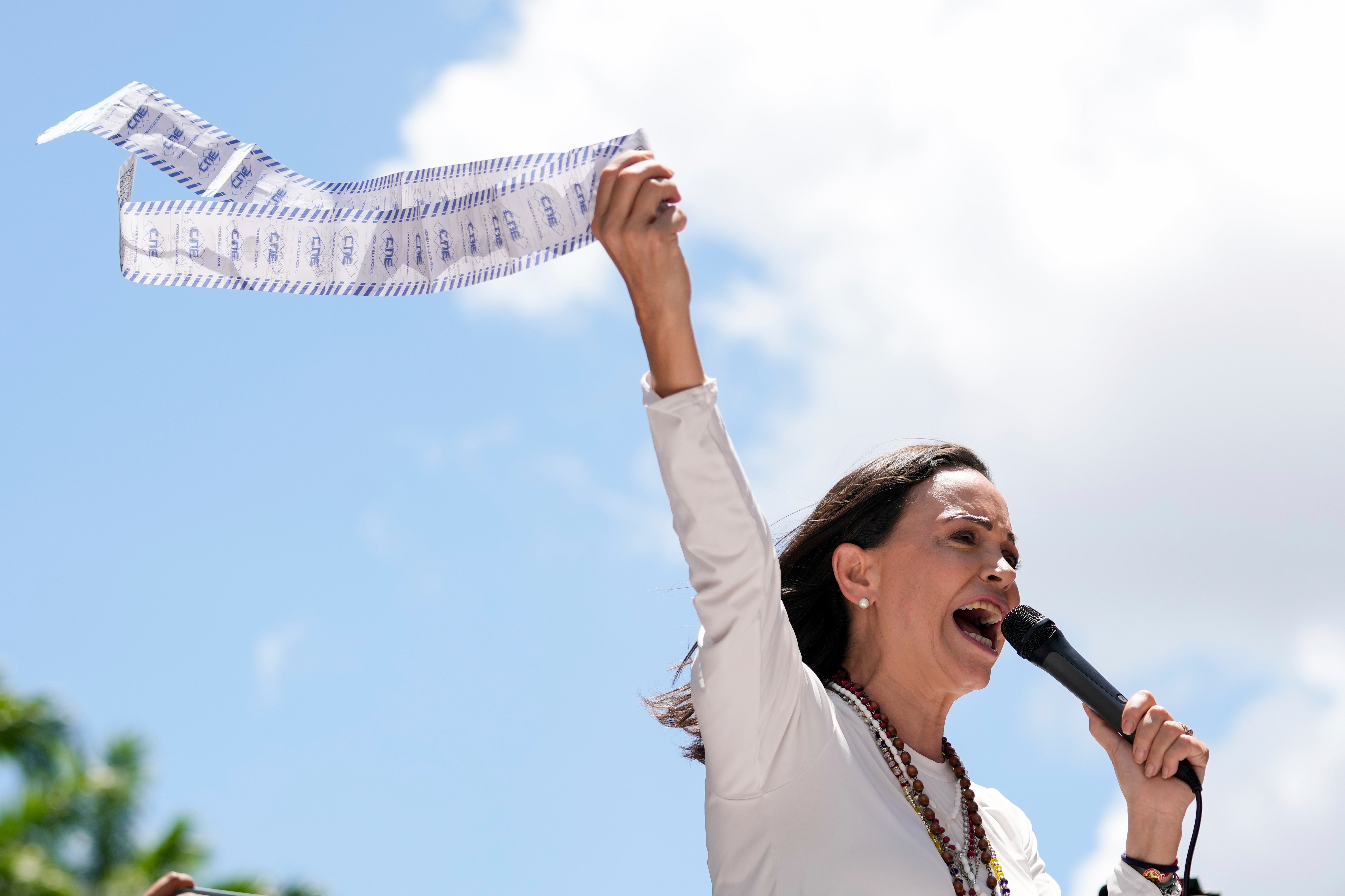 Opposition leader María Corina Machado, who has been banned from running for office, campaigns for presidential candidate Edmundo González, in Maracaibo, Venezuela, Thursday, May 2, 2024.